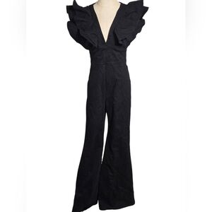 Fashion Nova Black Denim Ruffled Wide Leg Jumpsuit LONG LENGTH NWT